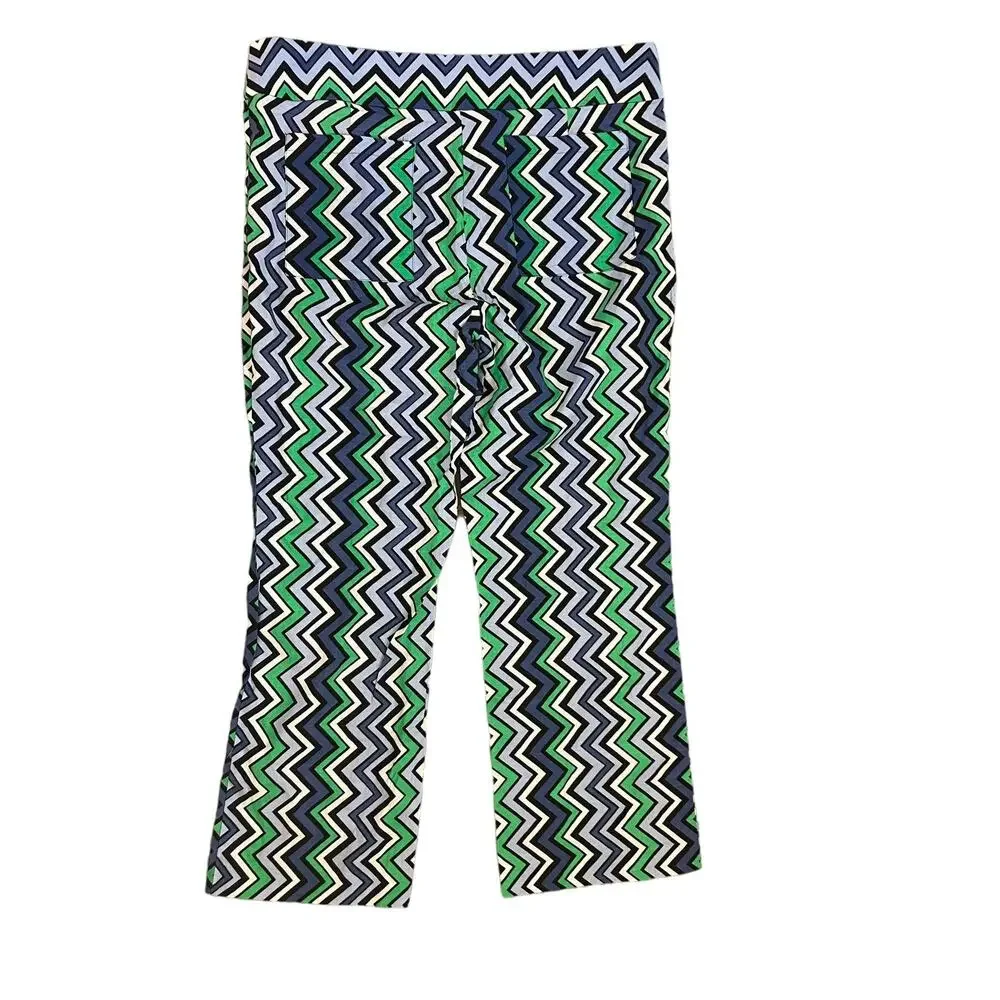 New Zara Chevron Blue Black White Green Linen Blend Pants Large